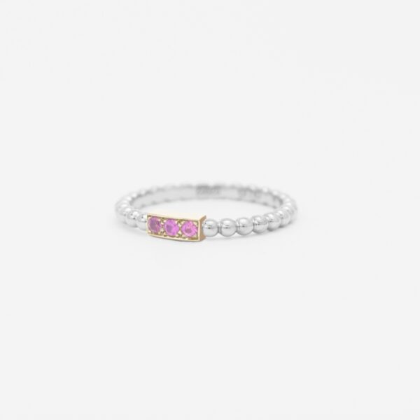 anneau perlé en or blanc 18 carats avec une barrette en or rose avec des saphirs roses