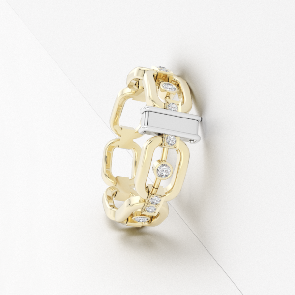 anneau maillon avec des diamants en or jaune 18 carats et une barrette en or blanc