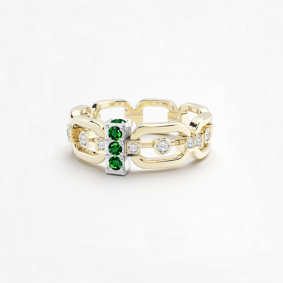 anneau maillon avec des diamants en or jaune 18 carats, barrette en or blanc avec des pierres grenats verts