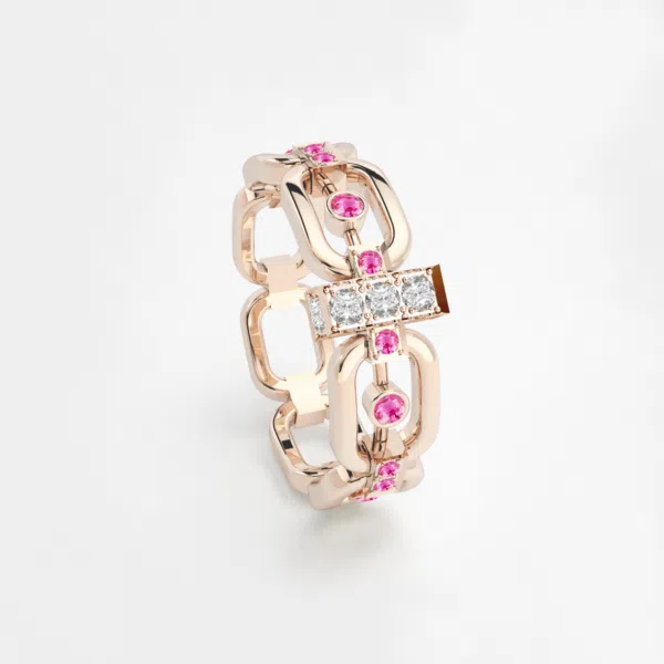 Anneau maillon en or rose 18 carats avec des pierres saphirs roses, barrette en or rose avec des diamants