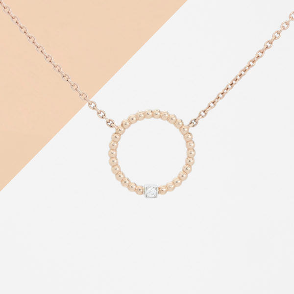 Pendentif en or rose 18 carats en forme d'anneau perlé et diamant en or blanc