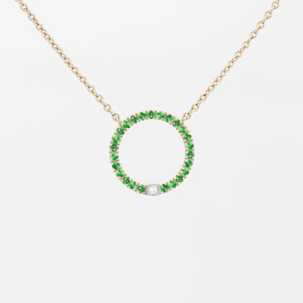 Pendentif en or jaune 18 carats en forme d'anneau serti en pierres grenats verts avec un diamant en or blanc