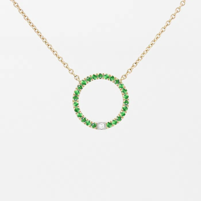 Pendentif en or jaune 18 carats en forme d'anneau serti en pierres grenats verts avec un diamant en or blanc