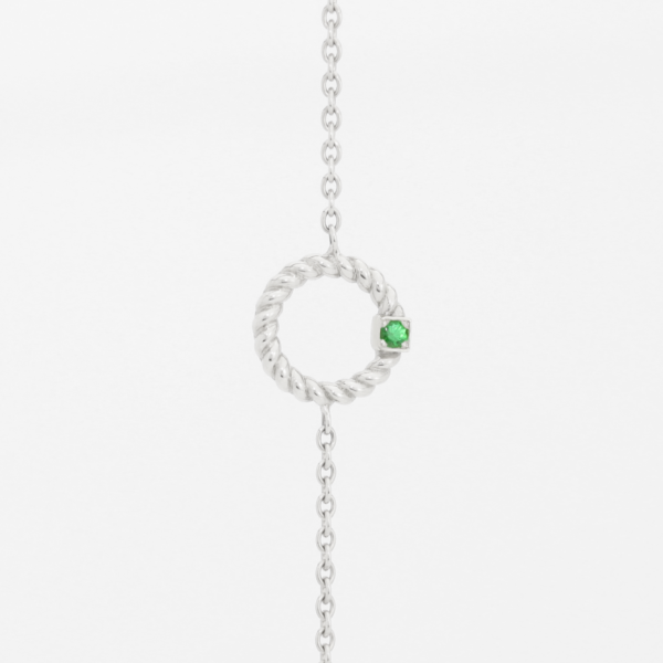 Bracelet en or blanc 18 carats en forme d'anneau torsadé avec un diamant en or blanc et une pierre grenat vert
