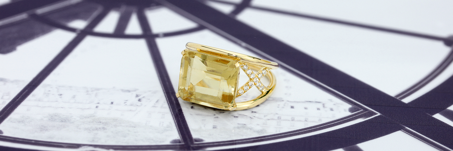 Bague en or jaune 18 carats serti de diamants en croisillons en les 2 anneaux ainsi qu'une citrine en pierre de centre.