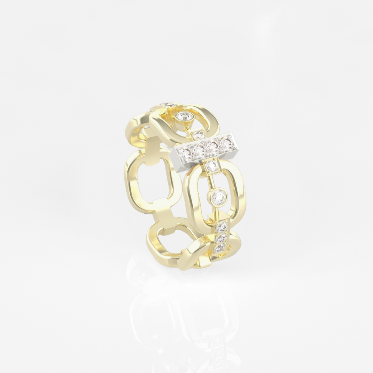 1 bague maillon en or jaune 18 carats sertie de diamants avec une barrette en or blanc 18 carats sertie de diamants.