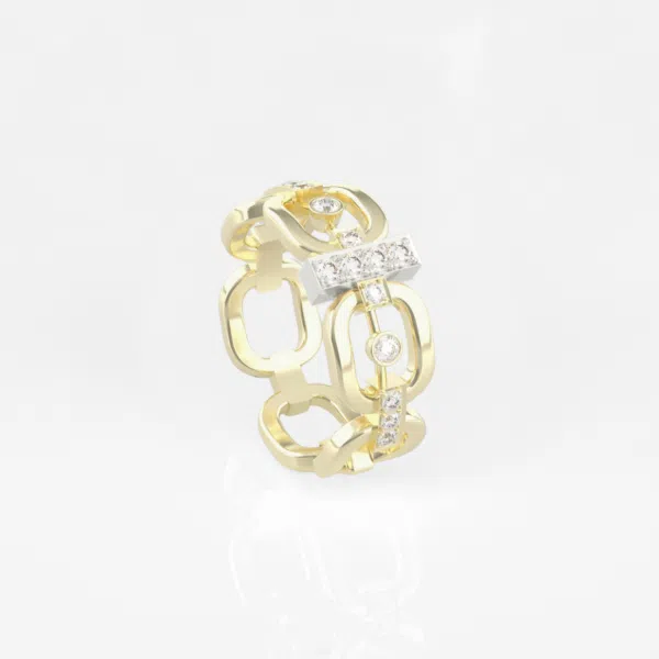 1 bague maillon en or jaune 18 carats sertie de diamants avec une barrette en or blanc 18 carats sertie de diamants.