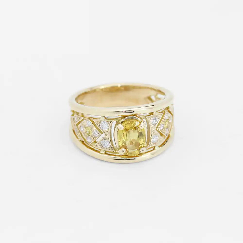 Bague Anolia losange saphir jaune et pavage diamants et saphirs jaune